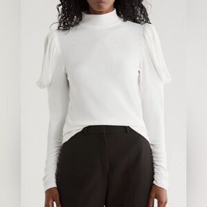 Rebecca Taylor Port Mutton-Sleeve Mock Neck Top White Cotton Blend Long Sleeve M